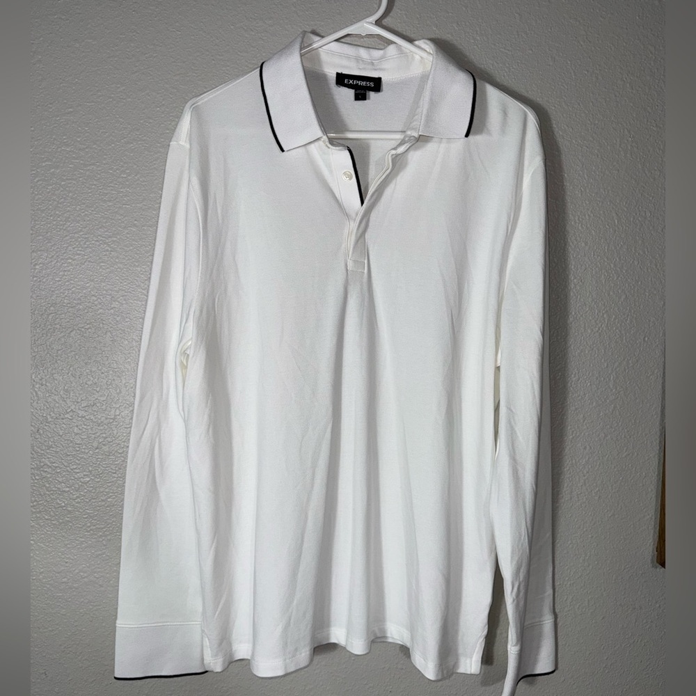 Express Mens Long Sleeve white Polo Shirt Size large